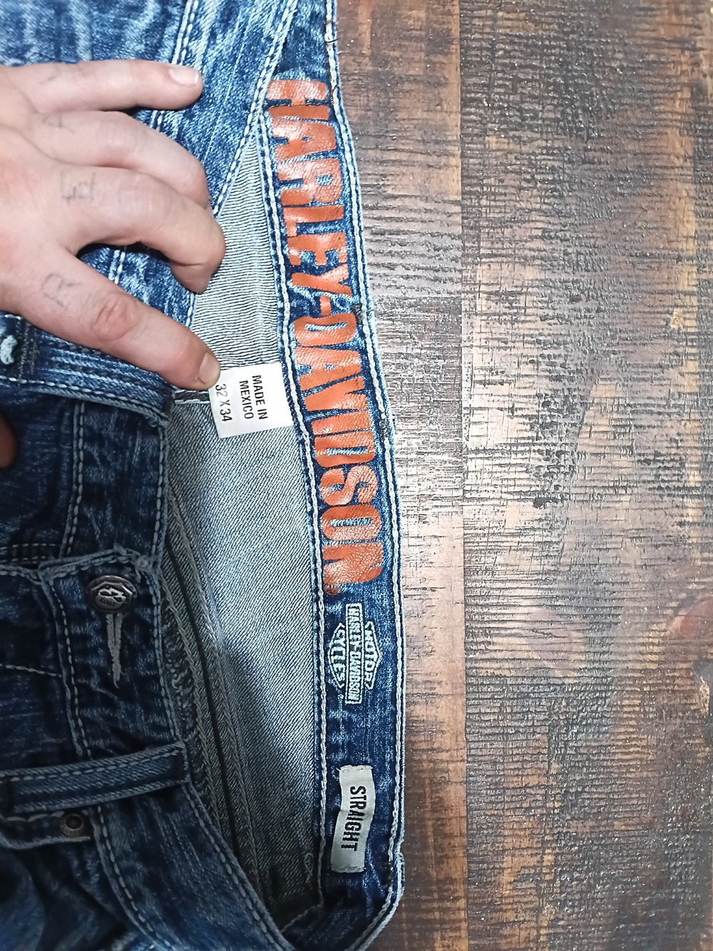 Harley-Davidson Men's Distressed Blue Straight Jeans with Orange Logo Trim
